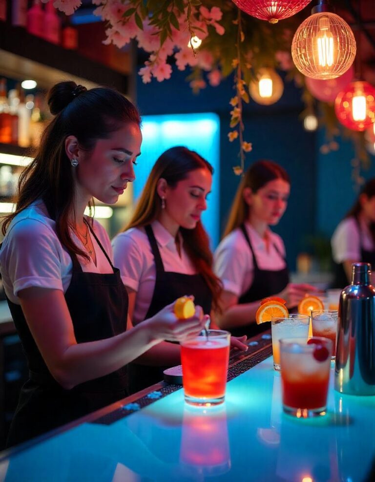 Students practicing cocktail making in professional bartending course